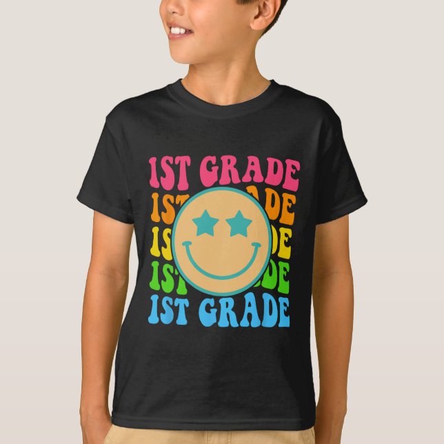 Groovy First Grade Vibes Face Retro Teachers Back  T-Shirt (Front)