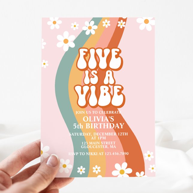 Groovy Five is a Vibe daisy rainbow 5th birthday I Invitation (Creator Uploaded)