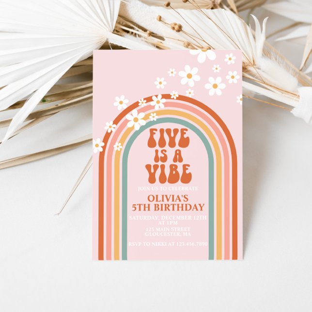Groovy FIVE is a Vibe daisy rainbow 5TH birthday Invitation (Creator Uploaded)