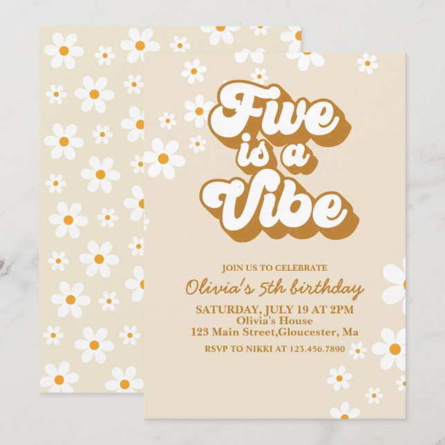 Groovy Five is a Vibe Retro Daisy 5th Birthday Invitation (Front/Back)