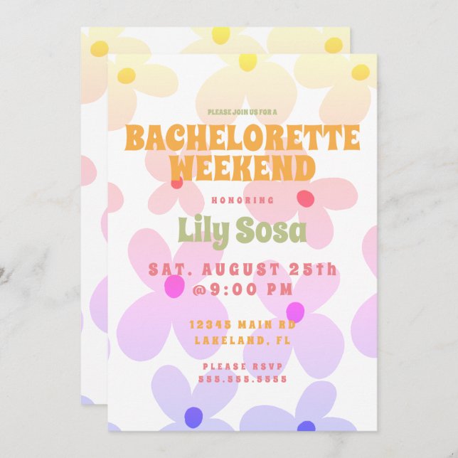 Groovy Flora  Retro Bachelorette Weekend  Rainbow  Invitation (Front/Back)