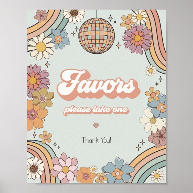 groovy floral 70s theme retro favours party sign (Front)