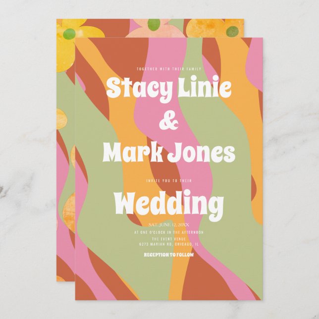 Groovy Floral 80s Vintage Wedding Invitation (Front/Back)