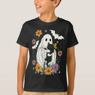 Groovy Floral Halloween Spooky Ghost Holding Black T-Shirt