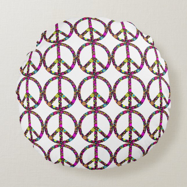 GROOVY FLORAL PEACE SIGN ROUND CUSHION (Front)