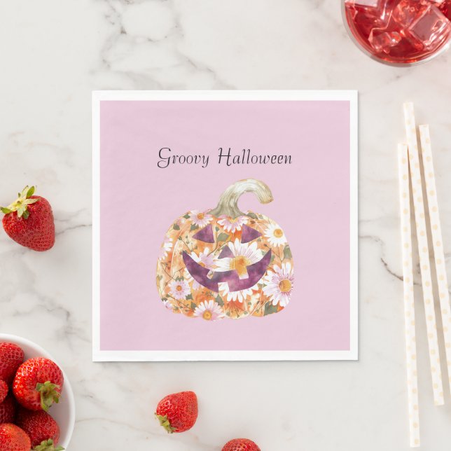 Groovy Floral Pumpkin Halloween Napkin (Insitu)