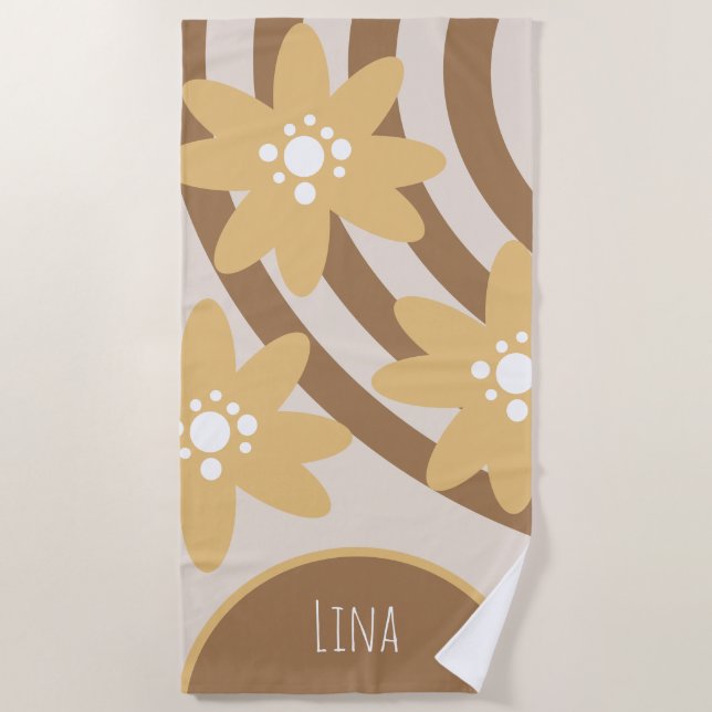 Groovy Florals Yellow Brown Name  Beach Towel (Front)