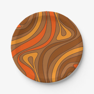 Groovy Flow Retro Abstract 60s 70s Pattern Brown Paper Plate