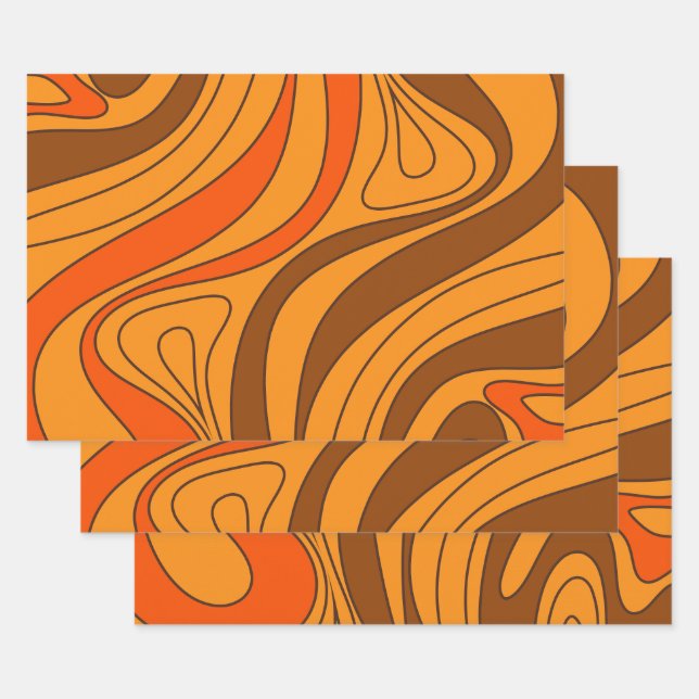 Groovy Flow Retro Abstract 60s 70s Pattern Orange Wrapping Paper Sheet (Set)