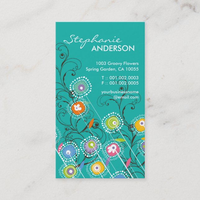 Groovy Flower Garden Whimsical Colourful Floral Business Card (Front)
