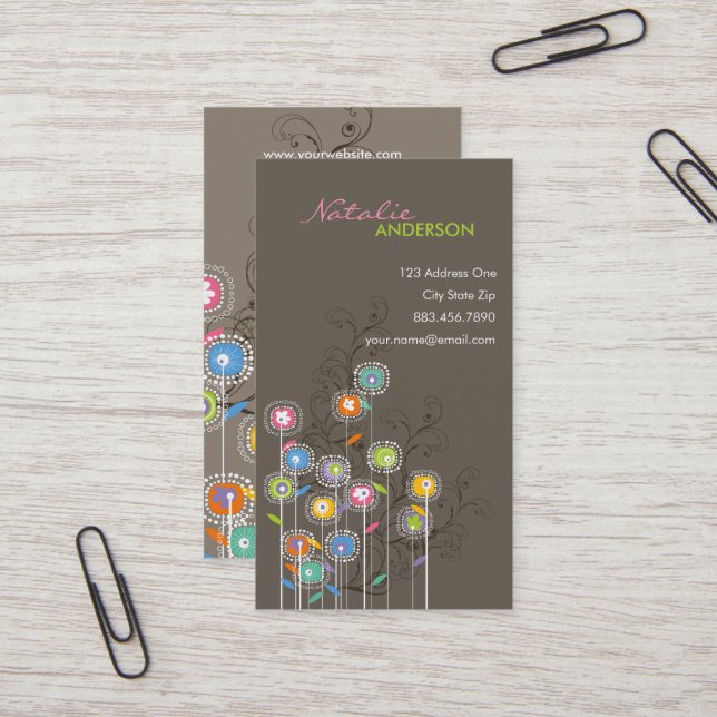 Groovy Flower Garden Whimsical Colourful Floral Business Card (Front/Back In Situ)