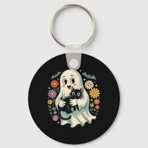 Groovy Flower Ghost Holding Black Cat Halloween Key Ring
