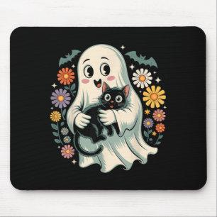 Groovy Flower Ghost Holding Black Cat Halloween Mouse Pad