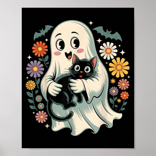 Groovy Flower Ghost Holding Black Cat Halloween Poster (Front)