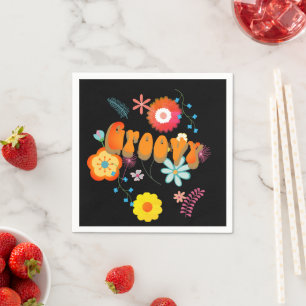 Groovy Flower Power Colourful Black Napkin