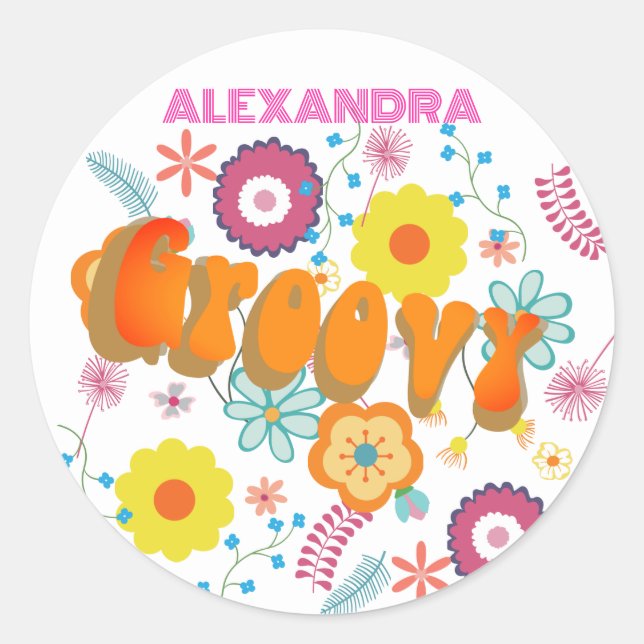 Groovy Flower Power Pink White Classic Round Sticker (Front)