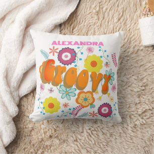 Groovy Flower Power Pink White Cushion