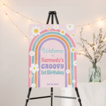 Groovy Flower Rainbow Welcome Birthday Party Sign