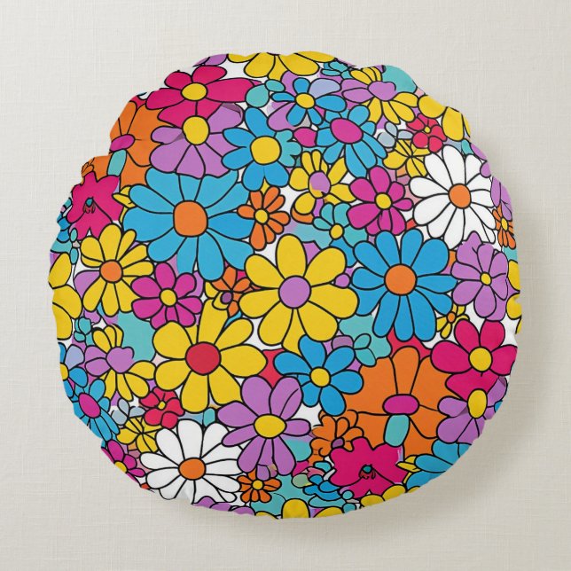 Groovy Flowers Doodle Round Cushion (Front)