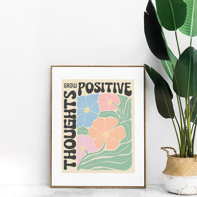 Groovy Flowers "Grow Positive Thoughts" Wall Art (Groovy Flowers "Grow Positive Thoughts" Wall Art in a golden frame with a large green plant.)