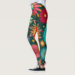 Groovy Folk Flowers, Maximalist Retro Bright Decor Leggings