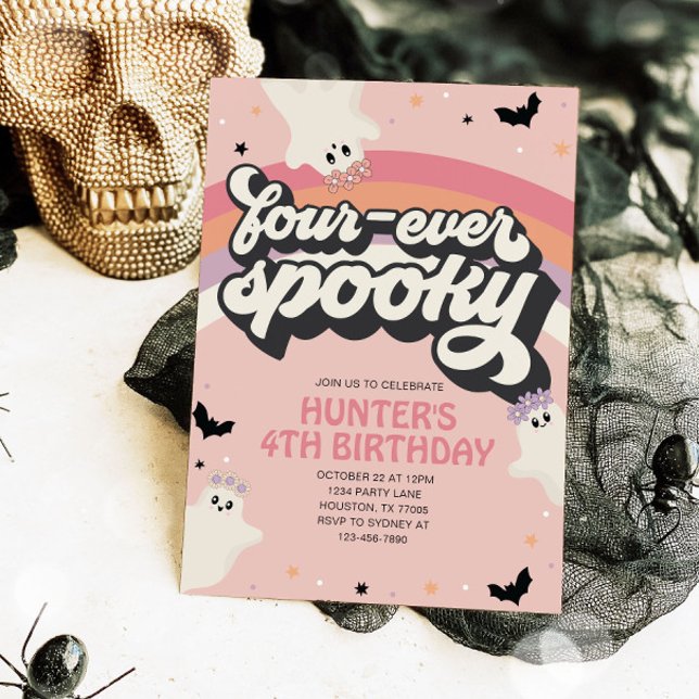 Groovy Fourever Spooky Girl 4th Birthday Halloween Invitation (Creator Uploaded)