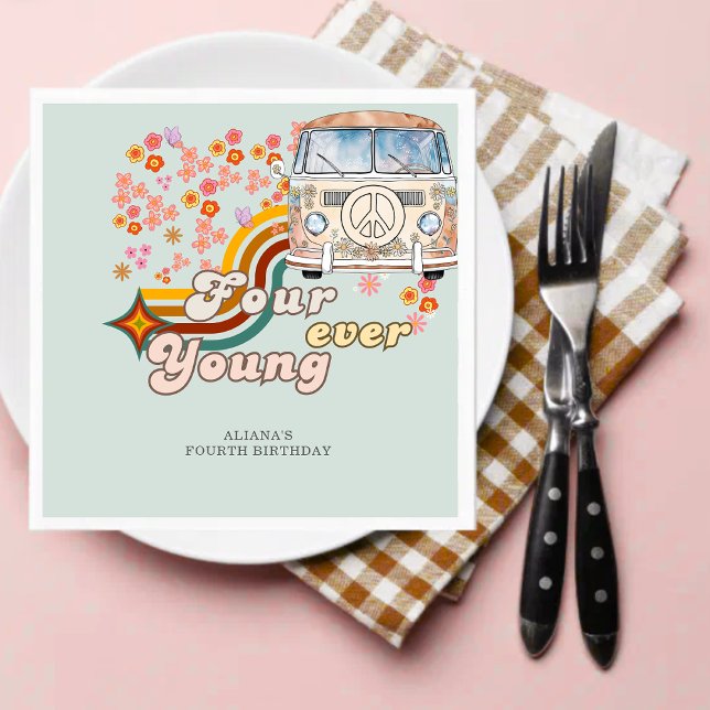 Groovy Fourever Young daisy rainbow 4th birthday  Napkin (Creator Uploaded)