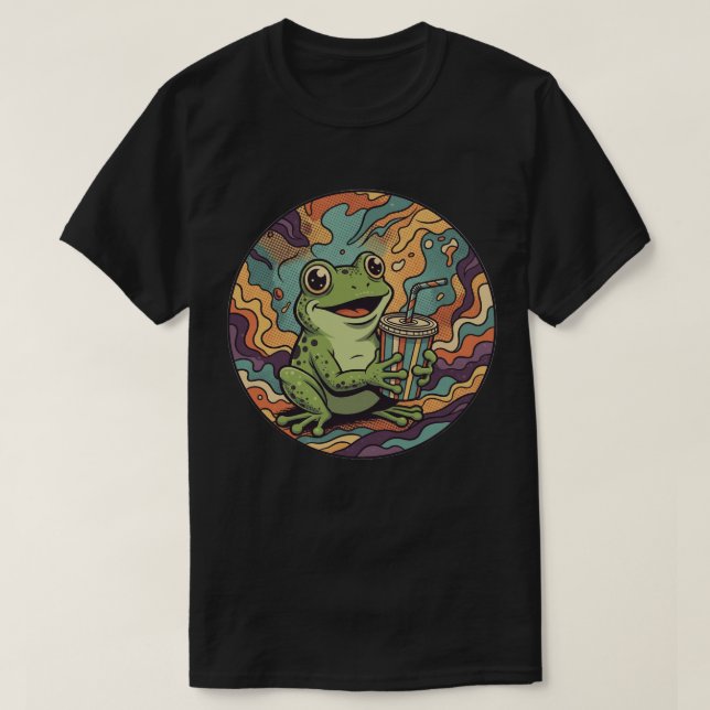 Groovy Frog Drinking Soda - Retro Psychedelic Art T-Shirt (Design Front)