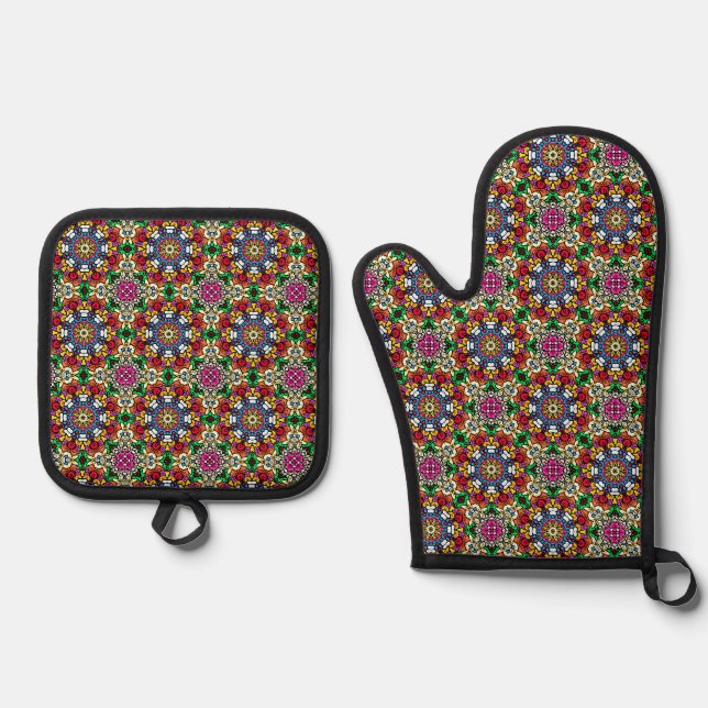 Groovy Funky Flower Power  Oven Mitt & Pot Holder Set (Front)