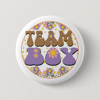 Groovy Gender Reveal Team Boy Blue, Retro Flower 6 Cm Round Badge