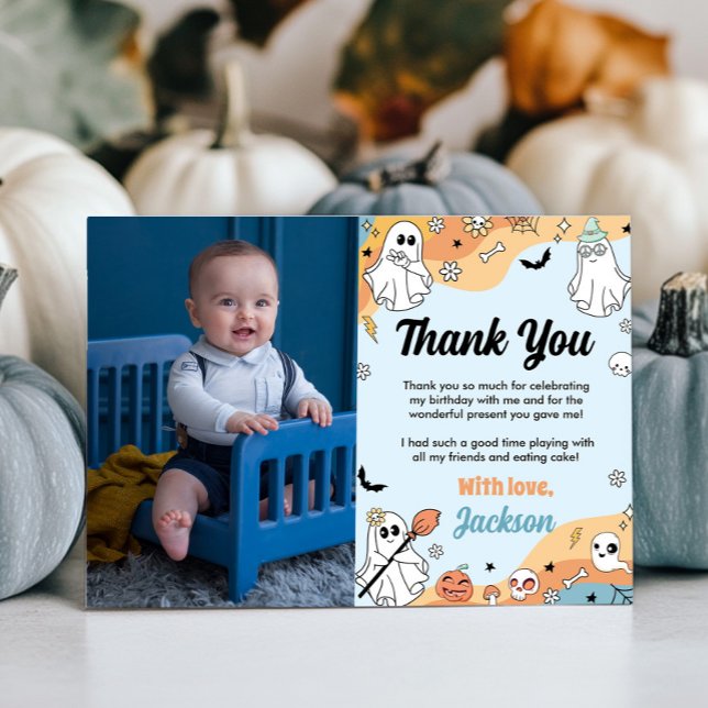 Groovy Ghost Birthday Photo Thank You Card (Creator Uploaded)