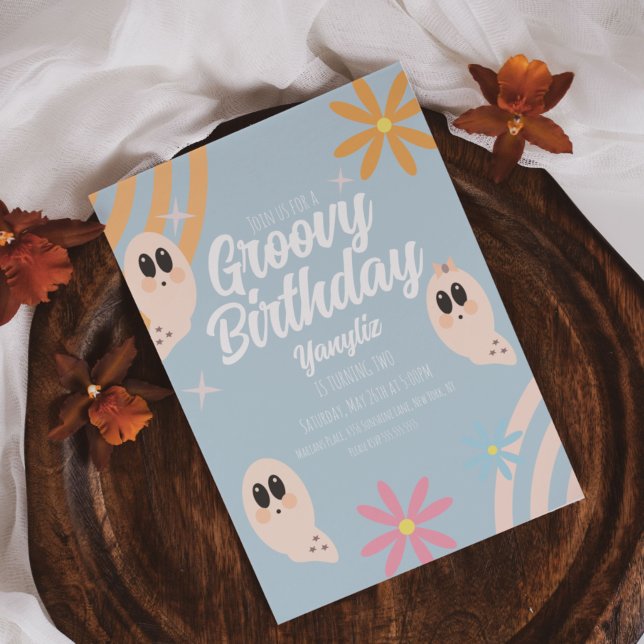 Groovy Ghost Floral Retro Halloween Party Pastel Invitation (Creator Uploaded)