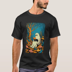 Groovy Ghost Reading Book Black Cat Halloween Ghos T-Shirt
