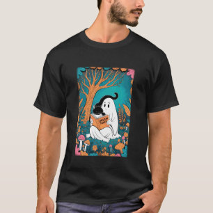 Groovy Ghost Reading Book Black Cat Halloween Ghos T-Shirt