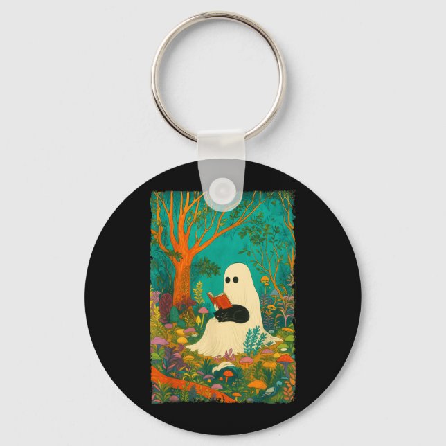 Groovy Ghost Reading Book Black Cat Halloween Key Ring (Front)