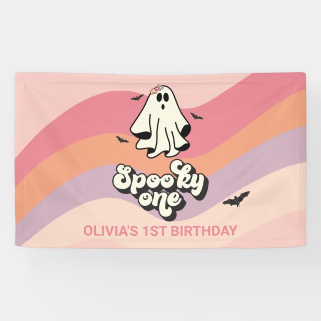 groovy Ghost retro Halloween Spooky One Birthday Banner (Horizontal)