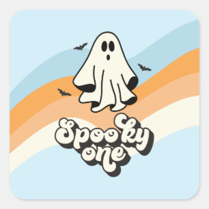 groovy Ghost retro Halloween Spooky One Blue Square Sticker