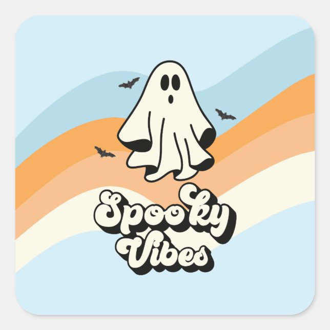 groovy Ghost retro Halloween Spooky Vibes Blue Square Sticker (Front)