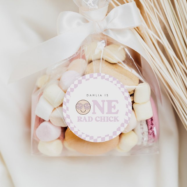 Groovy Girl Chequered Happy Face | 1st Birthday Classic Round Sticker (Creator Uploaded)