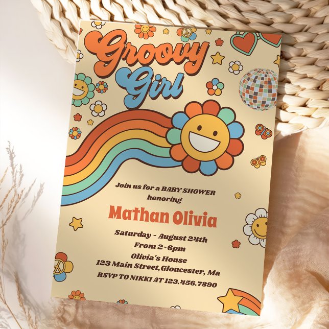 Groovy Girl Retro Rainbow Baby Shower Party Invitation (Creator Uploaded)