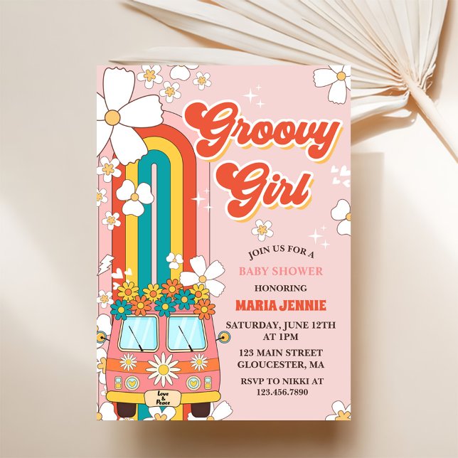 Groovy Girl Retro Rainbow Baby Shower Party Invitation (Creator Uploaded)