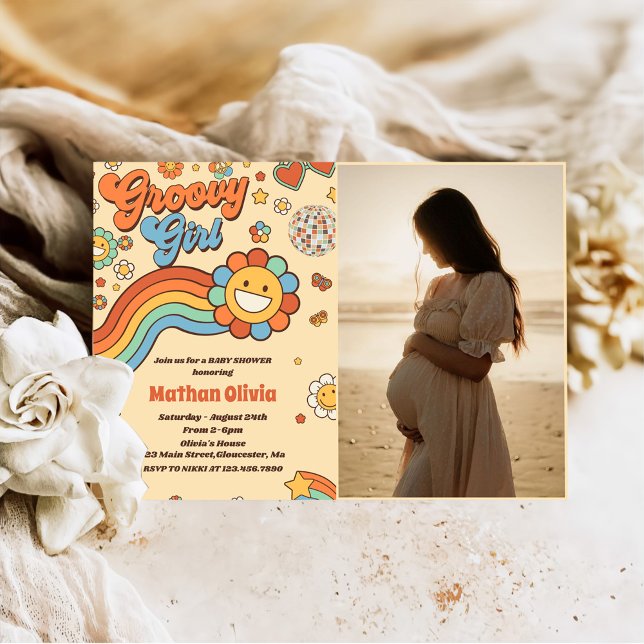 Groovy Girl Retro Rainbow Baby Shower Party Photo Invitation (Creator Uploaded)