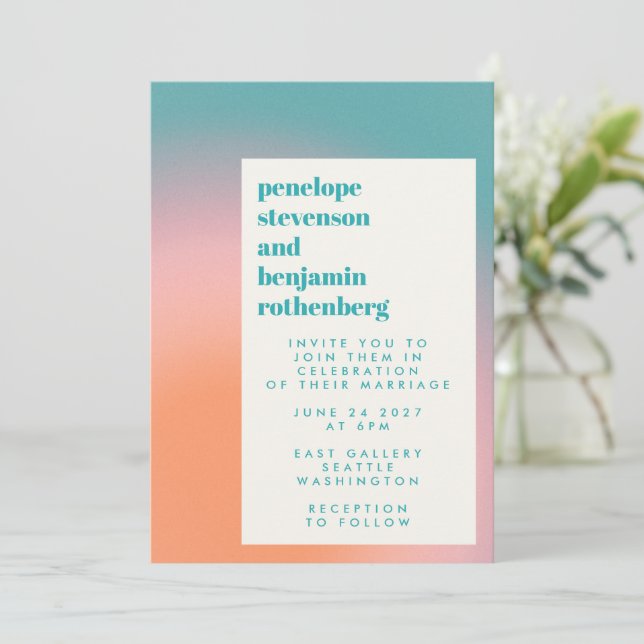 Groovy Gradient Teal Pink Orange Abstract Wedding Invitation (Standing Front)