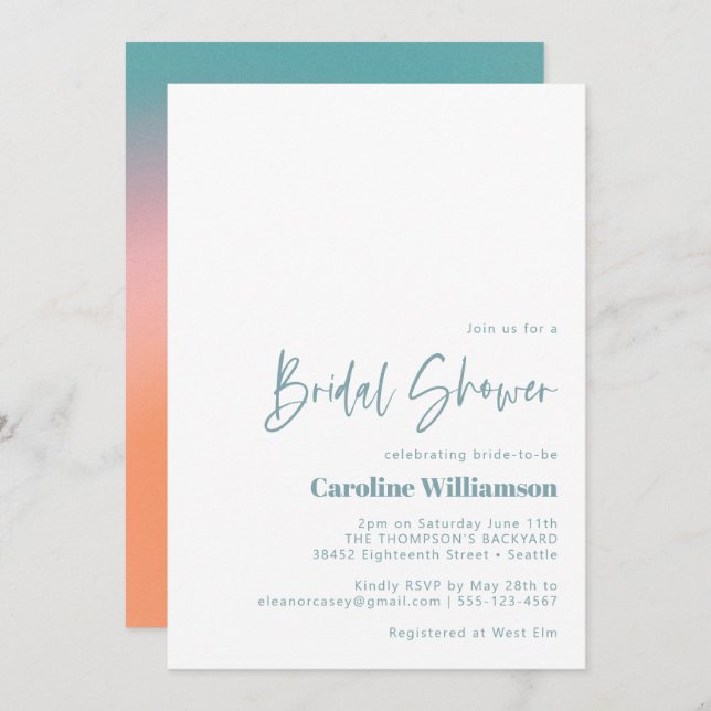 Groovy Gradient Teal Pink Orange Bridal Shower Invitation (Front/Back)