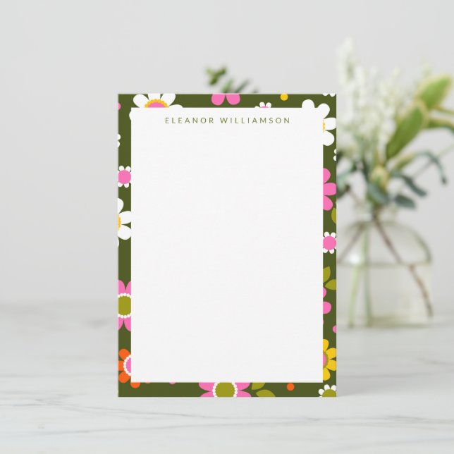 Groovy Green Retro Flowers Personalised Stationery Card (Standing Front)