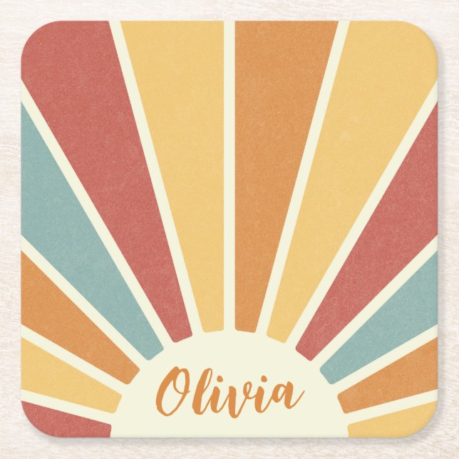 Groovy grunge retro style sunshine design square paper coaster (Front)