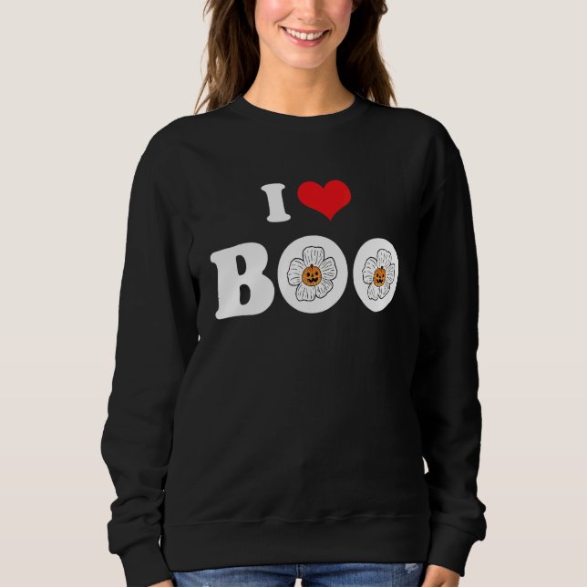 Groovy Halloween Floral Pumpkin I Love Boo Heart Sweatshirt (Front)