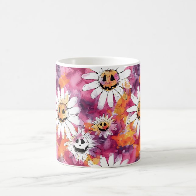 Groovy Halloween Flowers Pumpkin Faces Coffee Mug (Center)