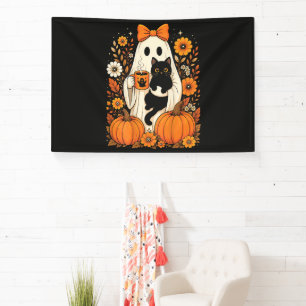 Groovy Halloween Ghost Holding Black Cat Floral Banner