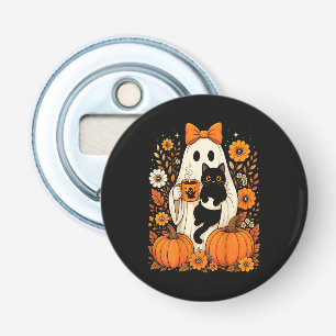 Groovy Halloween Ghost Holding Black Cat Floral Bottle Opener
